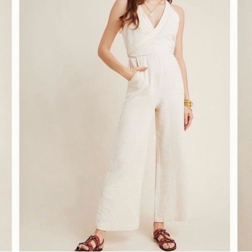 NWOT Anthropologie wide leg Cream‎ Cotton Textured Jumpsuit